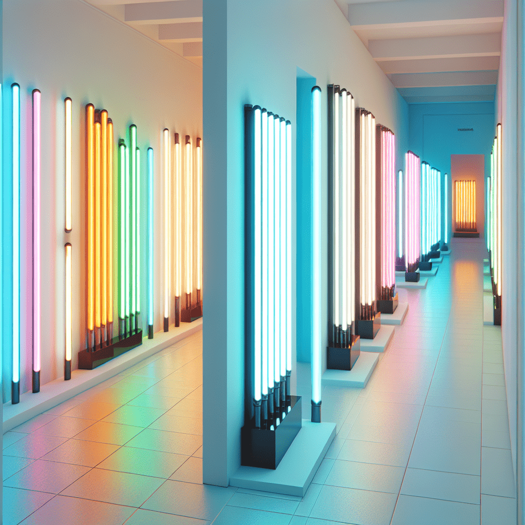 una sala museale a forma di corridoio con tanti tubi neon luminosi alle pareti messi uno dietro l\'altro in verticale