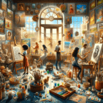 DALL·E 2023-11-06 21.26.25 – A whimsical and inspiring artist’s studio filled with various artistic tools like brushes, paints, and canvases. There is a large window with sunlight