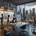 DALL·E 2023-11-06 21.41.15 – A modern and sleek artist’s studio with a panoramic view of the city skyline during dusk. The studio is well-organized with a minimalist design, featu