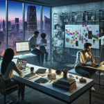 DALL·E 2023-11-06 21.41.18 – A modern and sleek artist’s studio with a panoramic view of the city skyline during dusk. The studio is well-organized with a minimalist design, featu