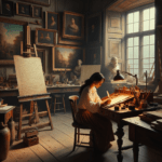DALL·E 2023-11-06 21.43.17 – A cozy and rustic artist’s studio filled with the warm glow of a desk lamp, highlighting a serene setting. In the studio, a South Asian woman sits at