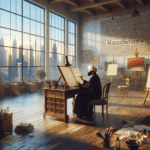 DALL·E 2023-11-06 21.44.11 – A spacious artist’s studio bathed in the natural light of the late afternoon, with a large panoramic window offering a view of the city skyline. At th