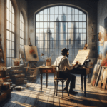 DALL·E 2023-11-06 21.44.17 – A spacious artist’s studio bathed in the natural light of the late afternoon, with a large panoramic window offering a view of the city skyline. At th