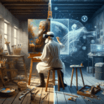 DALL·E 2023-11-06 21.49.19 – A captivating dual-reality art studio cover in 16_9 format, portraying the juxtaposition of the traditional and the futuristic. One half of the image