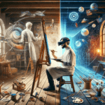 DALL·E 2023-11-06 21.49.35 – A captivating dual-reality art studio cover in 16_9 format, portraying the juxtaposition of the traditional and the futuristic. One half of the image