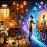 DALL·E 2023-11-06 21.58.55 – A visionary art studio cover image in 16_9, blending the realms of physical art and the digital frontier. On the left, a rustic, warmly-lit traditiona