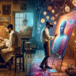 DALL·E 2023-11-06 21.59.03 – A visionary art studio cover image in 16_9, blending the realms of physical art and the digital frontier. On the left, a rustic, warmly-lit traditiona