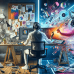 DALL·E 2023-11-06 22.02.25 – An innovative 16_9 cover showcasing a digital artist at work, straddling the line between real and virtual worlds. On one side, a White man sits in a