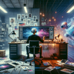 DALL·E 2023-11-06 22.02.29 – An innovative 16_9 cover showcasing a digital artist at work, straddling the line between real and virtual worlds. On one side, a White man sits in a