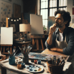 DALL·E 2023-11-06 22.16.11 – A 16_9 cover image that portrays an artist in their studio, deep in thought about their next masterpiece. The studio is filled with creative chaos_ sc