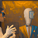 an artist propose their artwork to a gallerist in their art gallery