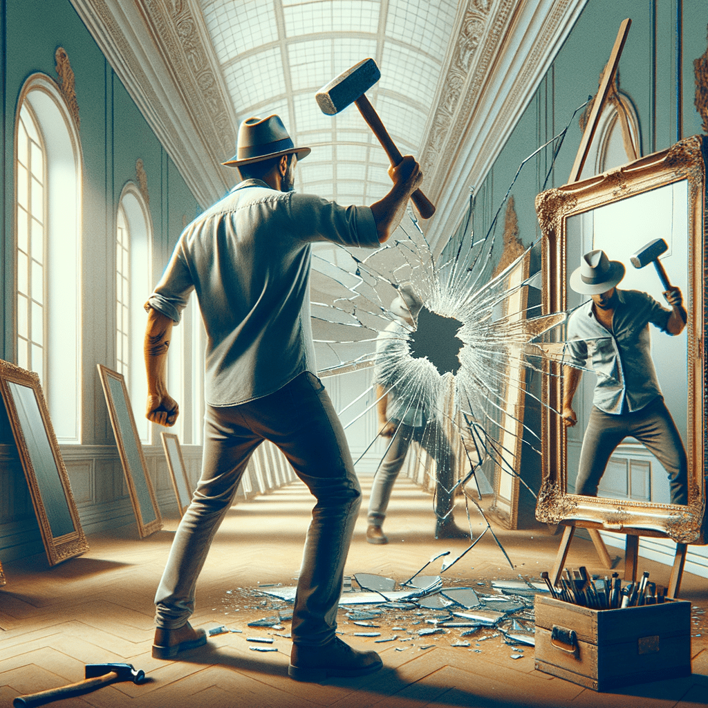 un uomo con uncappello, che con un amrtello rompe uno specchio dentro una galleria d\'arte, affianco a lui altri specchi