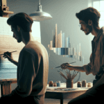 due artisti di spalle, un uomo e una donna che lavorano ad un’oepra d’arte astratta in uno studio minimale