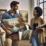 mi crei un’immagine di un artista che sta vendendo la sua prima opera d un collezionista, visibilmente emozionato