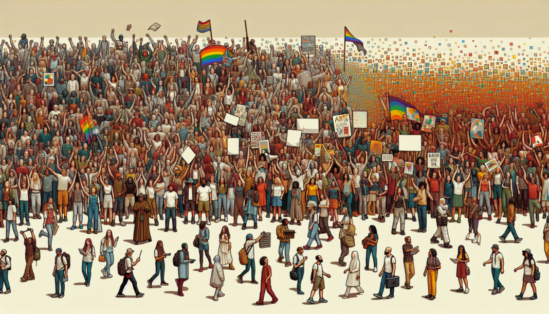 Arte e Attivismo: Il Ruolo degli Artisti nel Cambiamento Sociale. disegna degli artisti in folla che protestano