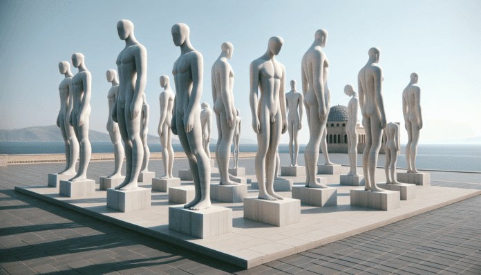 Nella fotografia si vede un gruppo di sculture in piedi, tutte realizzate in un materiale bianco che sembra essere marmo o un altro tipo di pietra. Le figure sono stilizzate, con forme allungate e semplificate, evocative di un\'estetica moderna. Alcune sculture hanno le braccia lunghe che toccano il suolo. Sono disposte su una terrazza all\'aperto con vista sul mare. Sullo sfondo si intravede una struttura a cupola. Il cielo è sereno e azzurro, il che contribuisce a dare un senso di pace e serenità all\'ambiente.