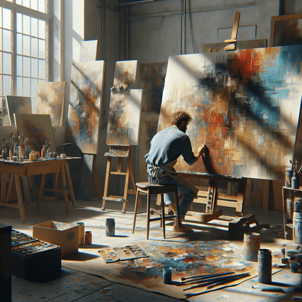 un pittore che dipinge nel suo studio un quadro astratto in stile pittorico che richiama la pittura di Willem de Kooning