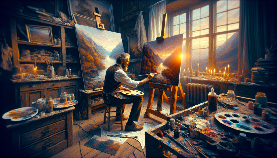 un artista che dipinge a olio nel suo studio