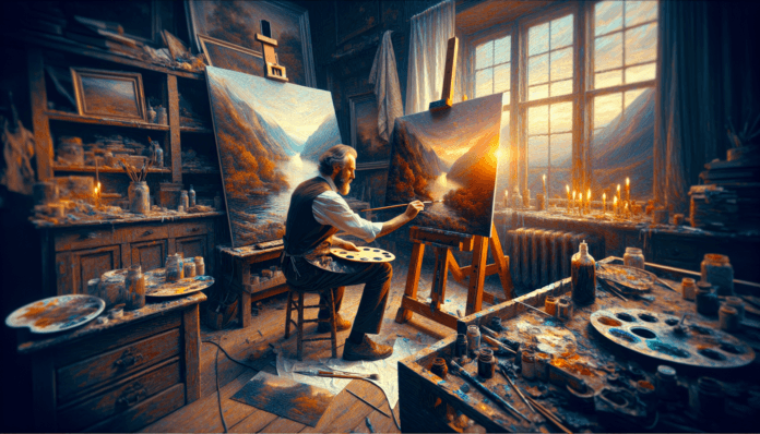un artista che dipinge a olio nel suo studio