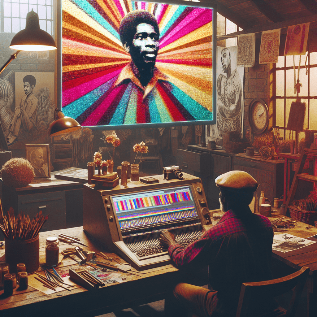 un artista negli anni 60 che lavora sul computer ad un opera d\'arte digitale che furoisece dallo schermo. lo studio deve essere ambientato negli anni 60
