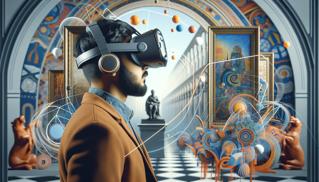 crea un uomo immerso nella realtà virtuale con i visori contornato da un mondo artistico e metaverso museale
