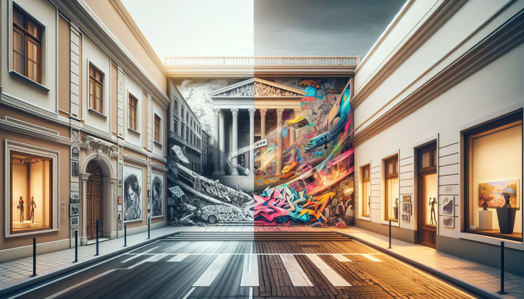 Il Potere della Street Art: Dalla strada alle Gallerie d\'Arte e all\'intenro dei musei crea una imamgine a metà tra strada con graffiti e museo con un graffito nella parte museale
