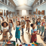 DALL·E 2023-11-06 22.37.08 – A group of children of diverse descents, including Caucasian, Hispanic, Black, and Asian boys and girls, are joyfully painting on large canvases in a