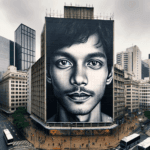 DALL·E 2023-11-07 01.03.54 – Create a 16_9 image inspired by the installations of JR, featuring a large-scale black and white photographic portrait placed on an urban landscape. T