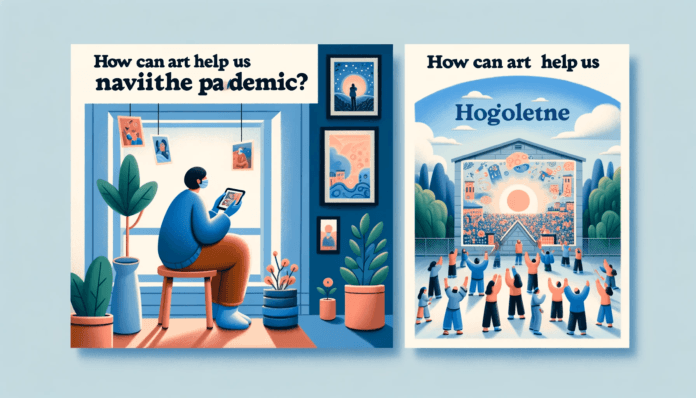 DALL·E 2023-11-07 01.39.25 - Design two 16_9 cover images for the article 'How Can Art Help Us Navigate the Pandemic_'. The first image should portray a comforting scene with art