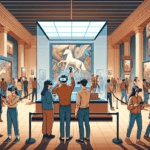 dei visitatori di un museo con degli occhiali di realtà virtuale davanti ad una installazione interattiva