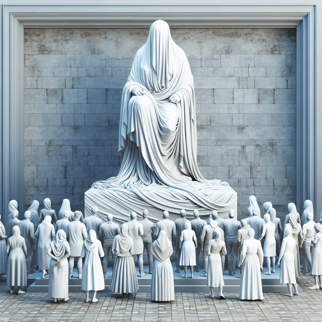 una statua in marmo bianco senza volto da cui dall\'addome escono dei tessuti fino a terra esposta in un museo su un piedistallo con la gente inotrno che l\'ammira