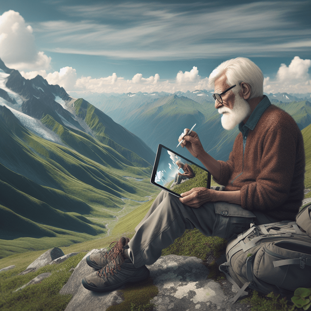 una immagine fotorealistica, come fosse una ftografia con 50 di obiettivo di un uomo anziano seduto in montagna che disegna sul suo ipad lo stesso panorama che vede davanti a se
