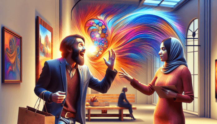 un artista emergente emozionato che vende la sua prima opera d\'arte ad un collezionista