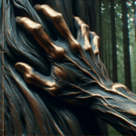 L’immagine mostra una scultura di un braccio in bronzo realizzato con un livello di dettaglio che imita la forma e la texture della pelle umana, con le vene e le pieghe visibili. La mano è posizionata in modo da afferrare delicatamente il tronco di un albero vero nella foresta,