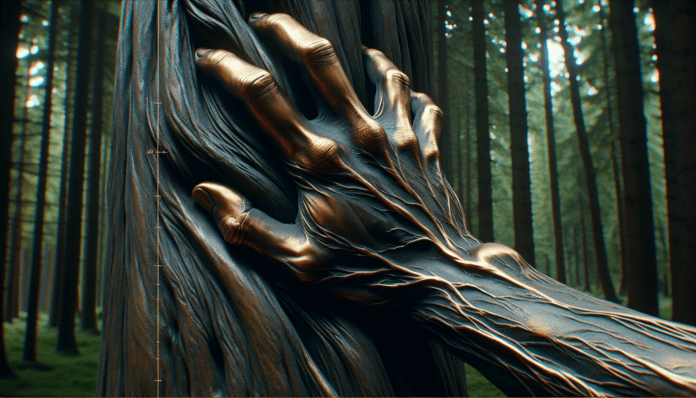 L\'immagine mostra una scultura di un braccio in bronzo realizzato con un livello di dettaglio che imita la forma e la texture della pelle umana, con le vene e le pieghe visibili. La mano è posizionata in modo da afferrare delicatamente il tronco di un albero vero nella foresta,