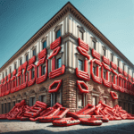 weiwei – An imaginative depiction of Palazzo Strozzi in Florence, artistically covered with red inflatable rafts on its facade. The image showcases a creative
