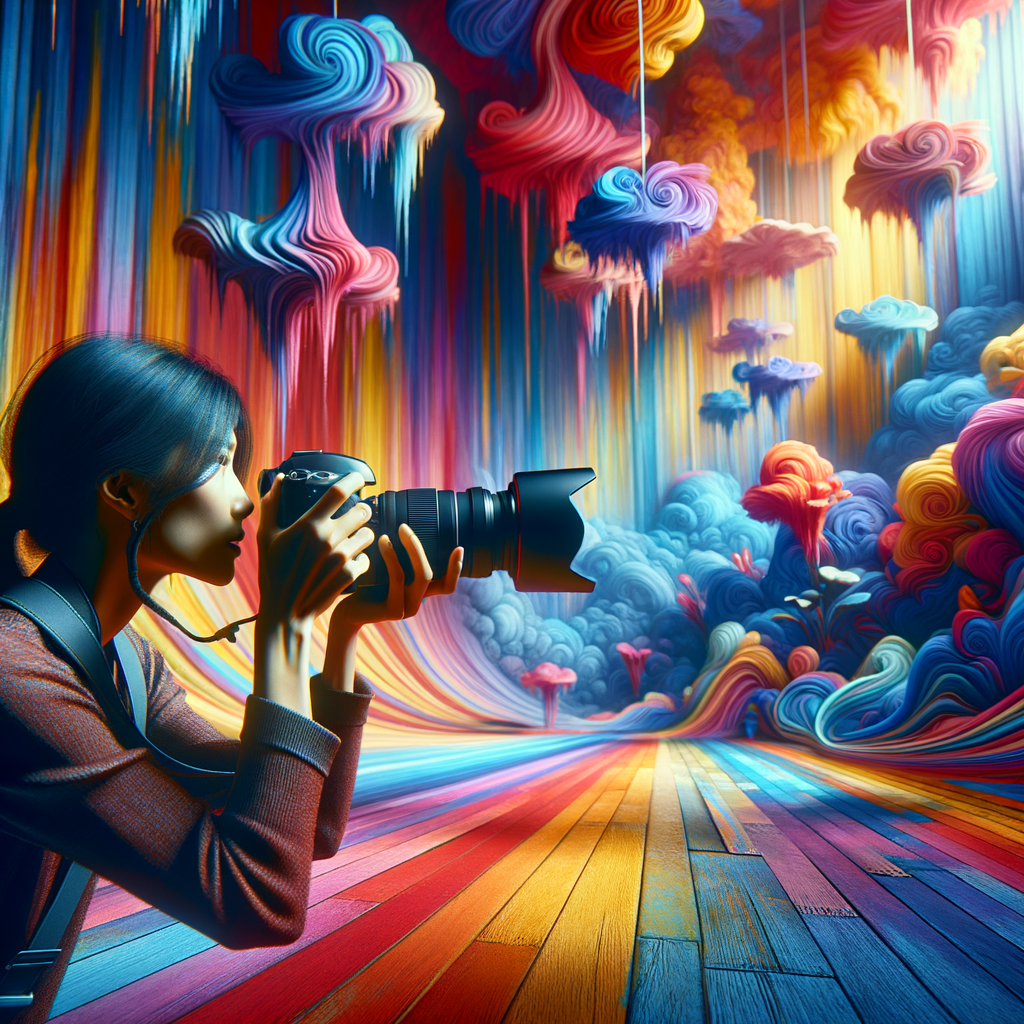 un fotografo a lavoro durante una ripresa di una foto artistica, in un set colorato ed increifbile