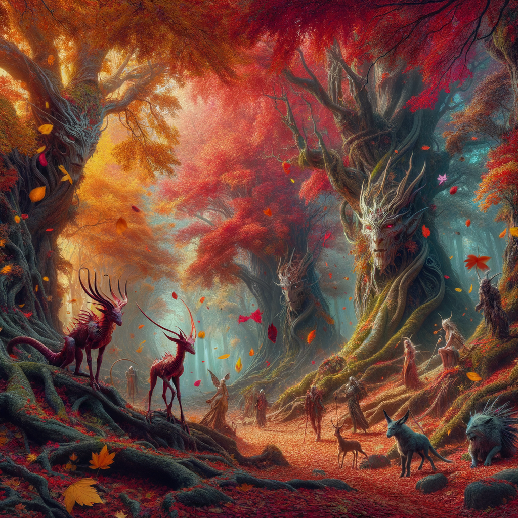 Un bosco incantato in autunno con foglie cadenti e creature fantastiche.