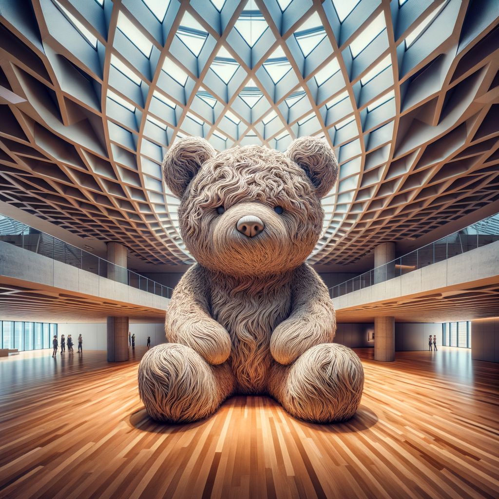crea una immagine raw di una sla di museo moderno con una scultura a forma di orso grande in peluche peloso