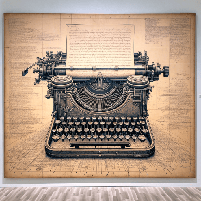 una grande tela in un museo, in cui sono disegnate con la penna biro, due macchine da scirvere, su un foglio a ricghe, con appunti ai lati. lemacchine da scrivere sono vecchie tipo le olivetti, e il disegno è fatto con la biro ripassando più volte sulle linee una grande tela in un museo, in cui sono disegnate con la penna biro, due macchine da scirvere, su un foglio a ricghe, con appunti ai lati. lemacchine da scrivere sono vecchie tipo le olivetti, e il disegno è fatto con la biro ripassando più volte sulle linee