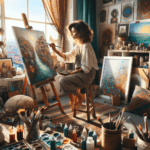 DALL·E 2023-12-02 19.50.08 – An artist living off her art in a cozy studio, filled with various art pieces. She’s painting on a large canvas, surrounded by brushes, paint tubes, a