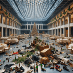 DALL·E 2023-12-30 23.08.20 – The interior of the MAXXI Museum in Rome in a 16_9 aspect ratio, the day after a grand ‘Great Gatsby’ style Christmas party, focusing on more tables,