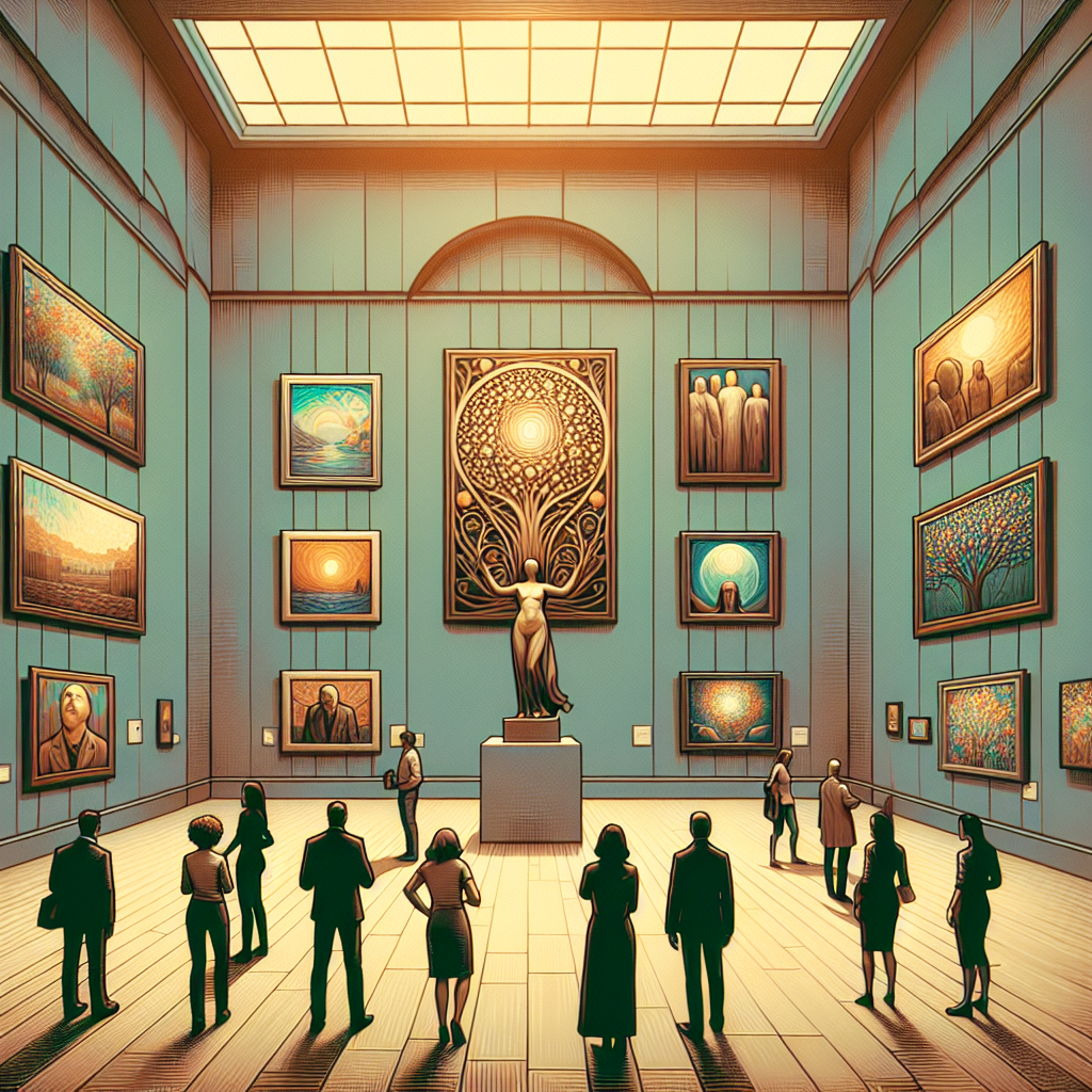 crea una immagine di una sla di museo moderno con 9 opere alle pareti ed uan scultura al centro con il pubblico