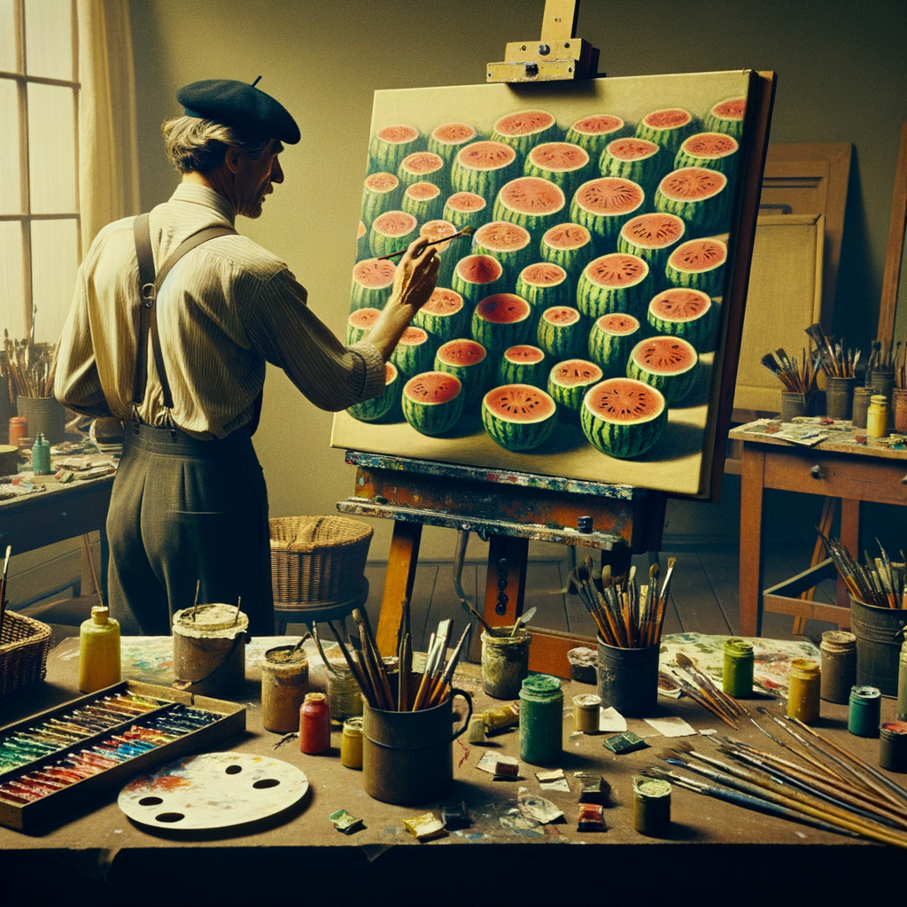 renato guttuso che dipinge un quadro di angurie su un tavolo nel suo studio degli anni 60