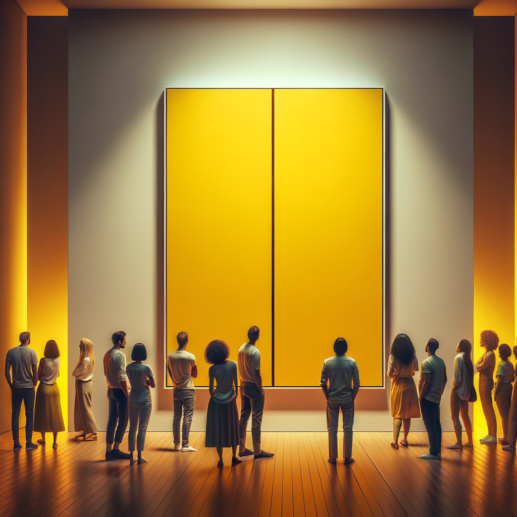 un quadro di tela di colore giallo con un taglio al centro verticale, molto pulito ed essenziale, in una sala di un museo moderno e la gente intorno che ammira