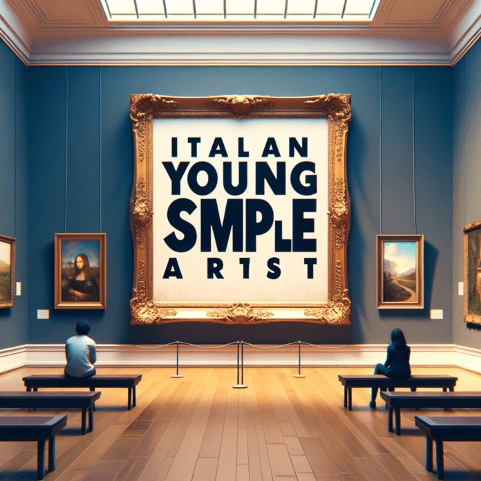 un quadro che riporta un meme all\'interno di un museo. il meme c\'e\' una scritta: giovane artista italiano semplice