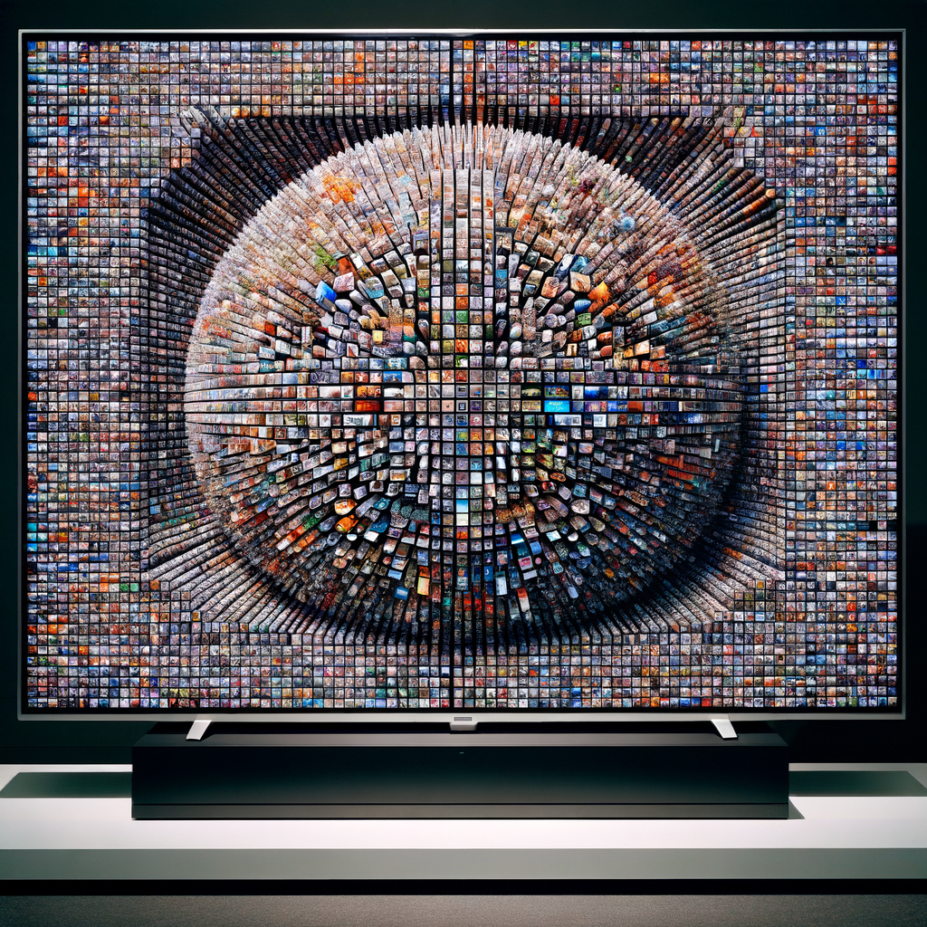una immagine formata da altre 1500 immagini quadrate. esposta dentro uno schermo tv esposto in museo di nft