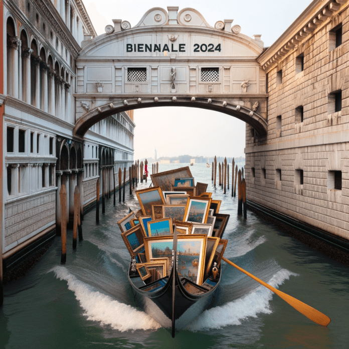 Una gondola piena di quadri al suo interno che naviga nei canali di venezia e si appresta ad entrare in un arco con la scritta BIENNALE 2024 per l'ingresso di un molo Una gondola piena di quadri al suo interno che naviga nei canali di venezia e si appresta ad entrare in un arco con la scritta BIENNALE 2024 per l'ingresso di un molo