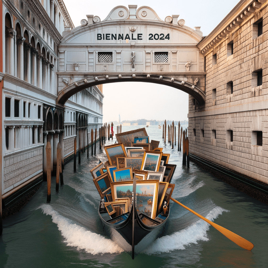 Una gondola piena di quadri al suo interno che naviga nei canali di venezia e si appresta ad entrare in un arco con la scritta BIENNALE 2024 per l'ingresso di un molo