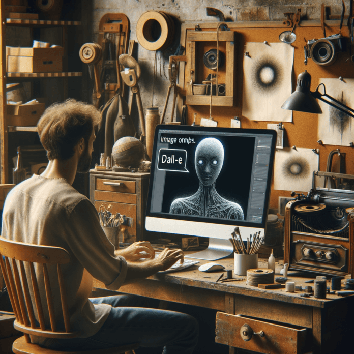 un artista nel suo atelier, che davanti al computer digita dei prompt to image a dall-e e le immagini fuoriesocno dallo schermo, il tuto in raw un artista nel suo atelier, che davanti al computer digita dei prompt to image a dall-e e le immagini fuoriesocno dallo schermo, il tuto in raw